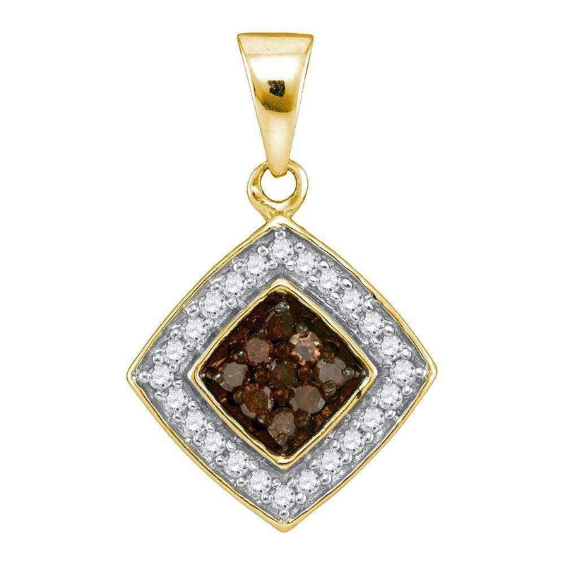 10kt Yellow Gold Women's Round Cognac-brown Color Enhanced Diamond Square Pendant 1-4 Cttw - FREE Shipping (US/CAN)-Gold & Diamond Pendants & Necklaces-JadeMoghul Inc.