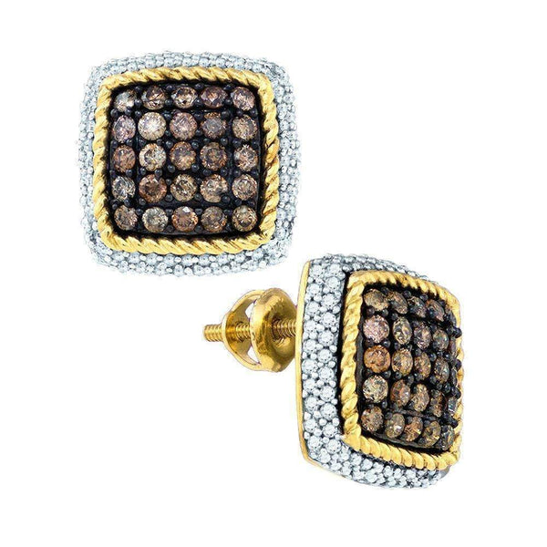 10kt Yellow Gold Women's Round Cognac-brown Color Enhanced Diamond Square Rope Frame Earrings 1-1-4 Cttw - FREE Shipping (USA/CAN)-Gold & Diamond Earrings-JadeMoghul Inc.