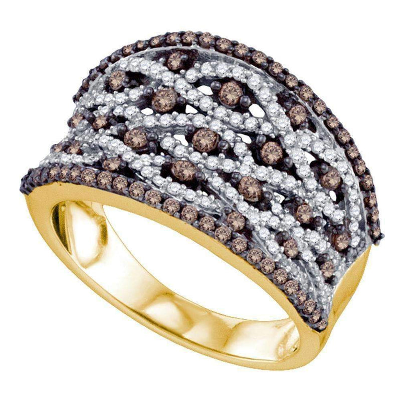 10kt Yellow Gold Women's Round Cognac-brown Color Enhanced Diamond Stripe Fashion Ring 1.00 Cttw - FREE Shipping (US/CAN)-Rings And Bands-5-JadeMoghul Inc.