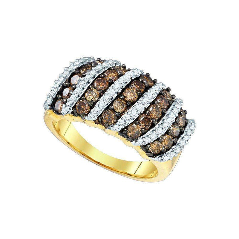 10kt Yellow Gold Women's Round Cognac-brown Color Enhanced Diamond Striped Cocktail Ring 1-1/2 Cttw - FREE Shipping (US/CAN)-Gold & Diamond Bands-5-JadeMoghul Inc.