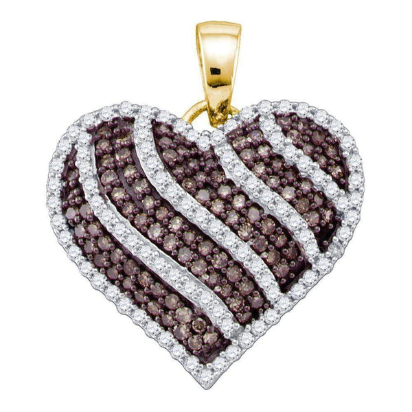 10kt Yellow Gold Women's Round Cognac-brown Color Enhanced Diamond Striped Heart Love Pendant 1.00 Cttw - FREE Shipping (US/CAN)-Gold & Diamond Pendants & Necklaces-JadeMoghul Inc.