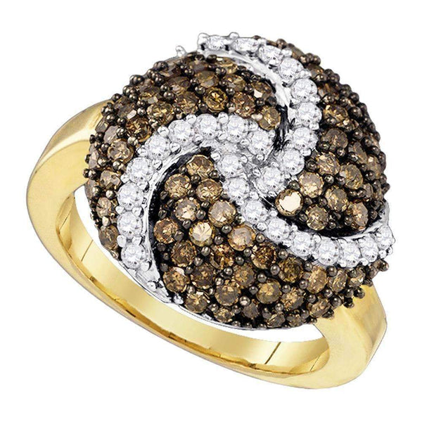 10kt Yellow Gold Women's Round Cognac-brown Color Enhanced Diamond Swirl Cluster Ring 1-5/8 Cttw - FREE Shipping (US/CAN)-Gold & Diamond Fashion Rings-5-JadeMoghul Inc.