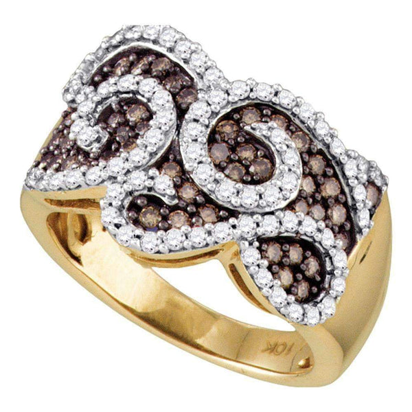 10kt Yellow Gold Women's Round Cognac-brown Color Enhanced Diamond Swirled Cocktail Ring 1.00 Cttw - FREE Shipping (US/CAN)-Gold & Diamond Fashion Rings-5-JadeMoghul Inc.