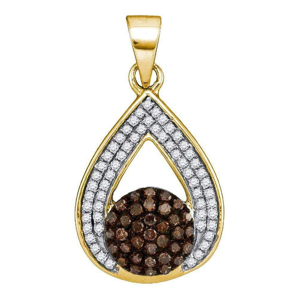 10kt Yellow Gold Women's Round Cognac-brown Color Enhanced Diamond Teardrop Cluster Pendant 1-3 Cttw - FREE Shipping (US/CAN)-Gold & Diamond Pendants & Necklaces-JadeMoghul Inc.