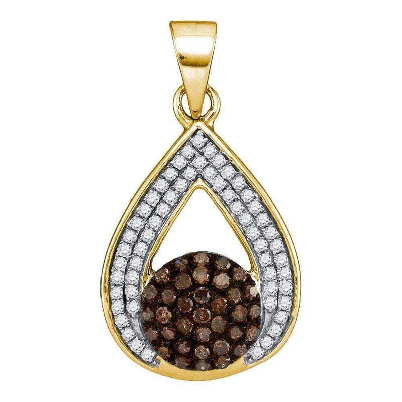 10kt Yellow Gold Women's Round Cognac-brown Color Enhanced Diamond Teardrop Cluster Pendant 1-3 Cttw - FREE Shipping (US/CAN)-Gold & Diamond Pendants & Necklaces-JadeMoghul Inc.