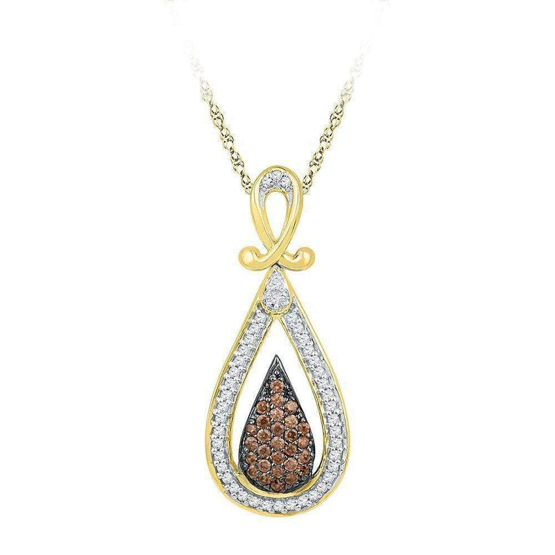 10kt Yellow Gold Women's Round Cognac-brown Color Enhanced Diamond Teardrop Cluster Pendant 1-4 Cttw - FREE Shipping (US/CAN)-Gold & Diamond Pendants & Necklaces-JadeMoghul Inc.