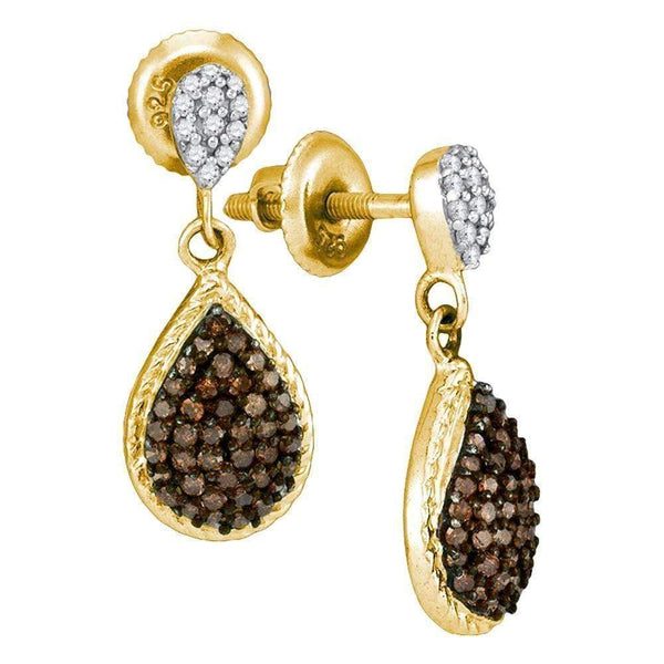 10kt Yellow Gold Womens Round Cognac-brown Color Enhanced Diamond Teardrop Dangle Earrings 1-2 Cttw - FREE Shipping (US/CAN)-Gold & Diamond Earrings-JadeMoghul Inc.