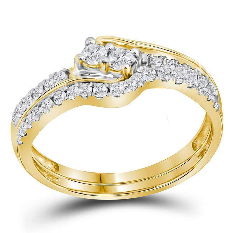 10kt Yellow Gold Women's Round Diamond 2-stone Bridal Wedding Engagement Ring Band Set 1-2 Cttw - FREE Shipping (US/CAN)-Gold & Diamond Wedding Ring Sets-JadeMoghul Inc.