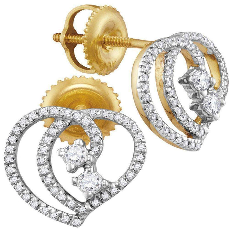 10kt Yellow Gold Women's Round Diamond 2-stone Heart Earrings 1-4 Cttw - FREE Shipping (USA/CAN)-Gold & Diamond Earrings-JadeMoghul Inc.