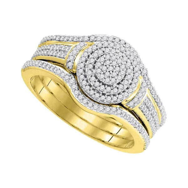 10kt Yellow Gold Womens Round Diamond Cluster 3-Piece Bridal Wedding Engagement Ring Band Set 1/3 Cttw-Gold & Diamond Wedding Ring Sets-7.5-JadeMoghul Inc.