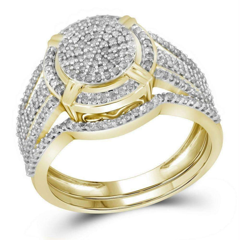 10kt Yellow Gold Womens Round Diamond Cluster Bridal Wedding Engagement Ring Band Set 1-2 Cttw-Gold & Diamond Wedding Ring Sets-JadeMoghul Inc.