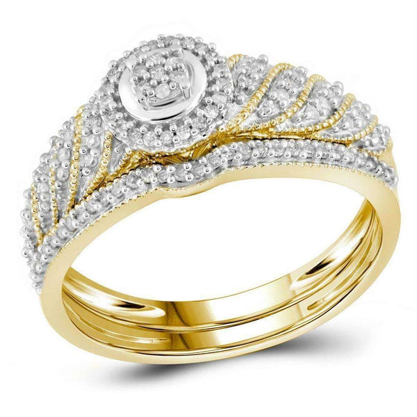 10kt Yellow Gold Womens Round Diamond Cluster Bridal Wedding Engagement Ring Band Set 1-4 Cttw-Gold & Diamond Wedding Ring Sets-JadeMoghul Inc.