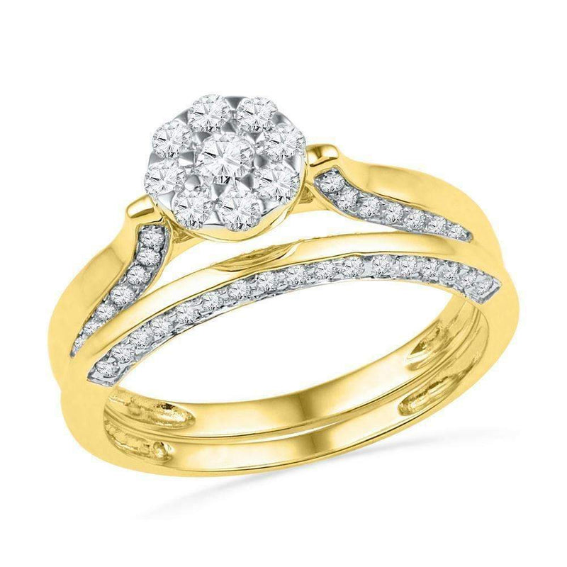 10kt Yellow Gold Womens Round Diamond Cluster Bridal Wedding Engagement Ring Band Set 5-8 Cttw - FREE Shipping (US/CAN)-Gold & Diamond Wedding Ring Sets-JadeMoghul Inc.