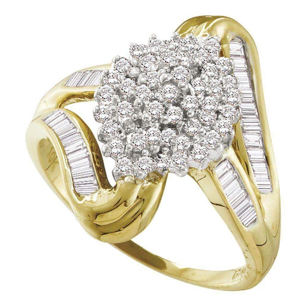 10kt Yellow Gold Women's Round Diamond Cluster Swirl Shank Baguette Ring 1-2 Cttw - FREE Shipping (USA/CAN)-Gold & Diamond Cluster Rings-JadeMoghul Inc.