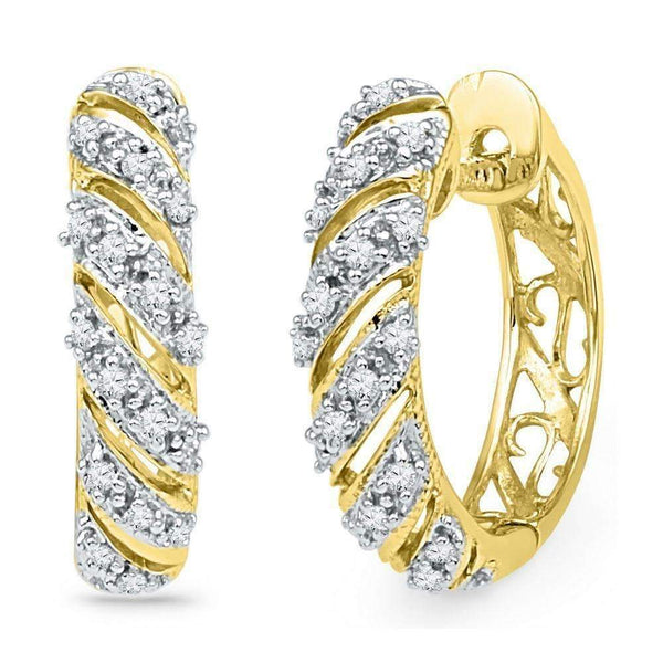 10kt Yellow Gold Women's Round Diamond Diagonal Stripe Hoop Earrings 1-6 Cttw - FREE Shipping (USA/CAN)-Gold & Diamond Earrings-JadeMoghul Inc.