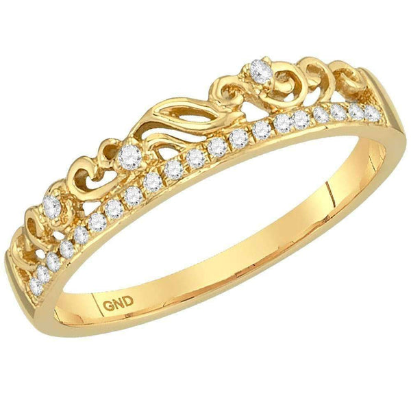 10kt Yellow Gold Women's Round Diamond Floral Accent Stackable Band Ring 1/12 Cttw - FREE Shipping (US/CAN)-Gold & Diamond Rings-5-JadeMoghul Inc.