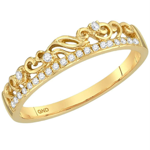 10kt Yellow Gold Womens Round Diamond Floral Accent Stackable Band Ring 1/12 Cttw-Gold & Diamond Rings-10-JadeMoghul Inc.