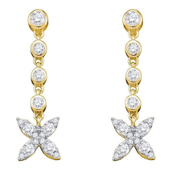 10kt Yellow Gold Women's Round Diamond Flower Cluster Dangle Earrings 3-4 Cttw - FREE Shipping (US/CAN)-Gold & Diamond Earrings-JadeMoghul Inc.