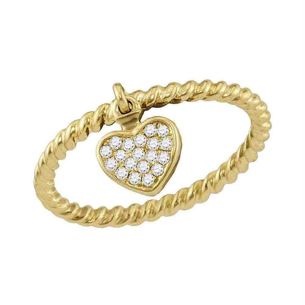 10kt Yellow Gold Womens Round Diamond Heart Dangle Rope Stackable Band Ring 1/10 Cttw-Gold & Diamond Rings-9.5-JadeMoghul Inc.