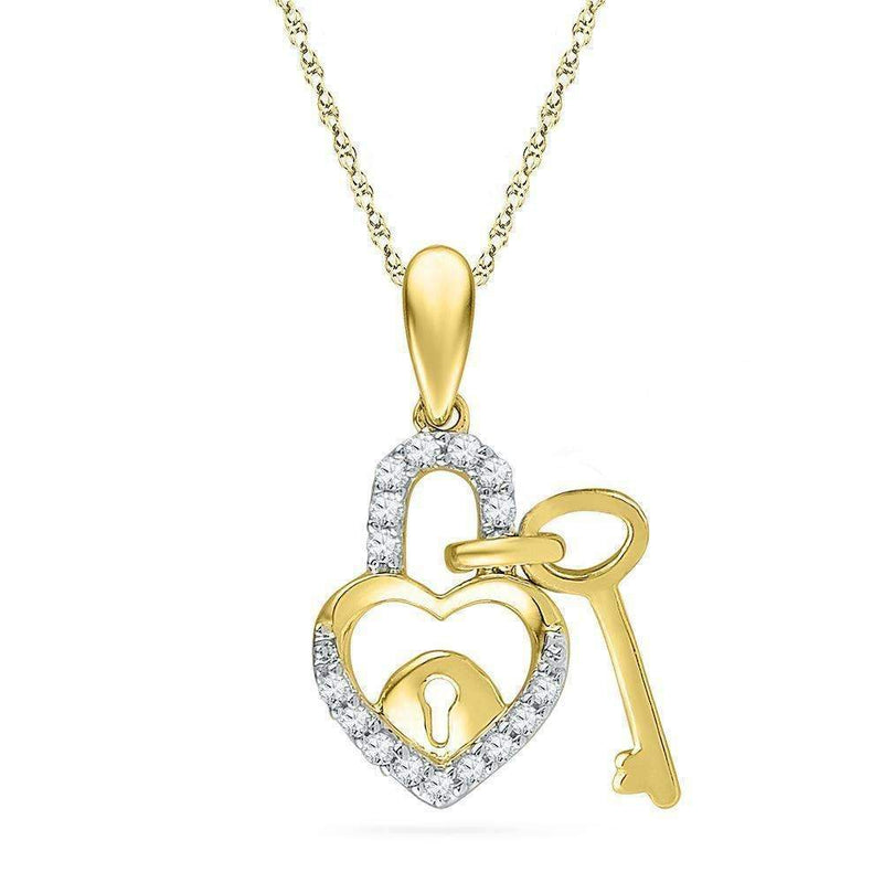 10kt Yellow Gold Women's Round Diamond Heart Lock Key Dangle Pendant 1