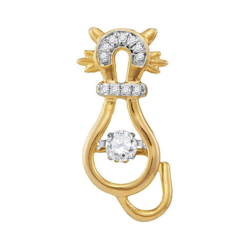 10kt Yellow Gold Women's Round Diamond Kitty Cat Feline Twinkle Moving Pendant 1-5 Cttw - FREE Shipping (US/CAN)-Gold & Diamond Pendants & Necklaces-JadeMoghul Inc.