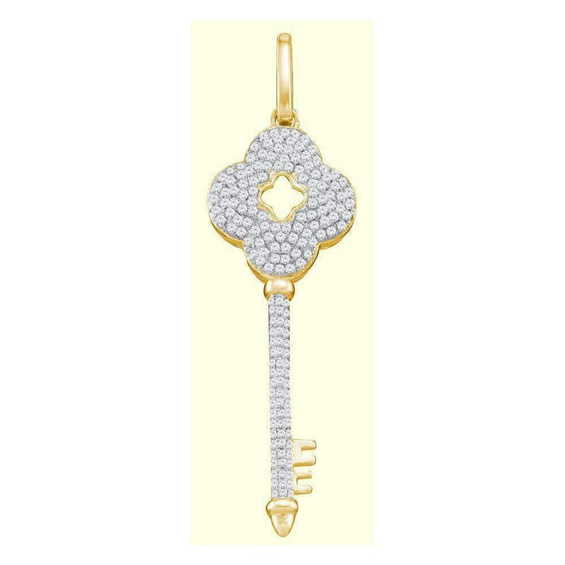 10kt Yellow Gold Women's Round Diamond Quatrefoil Key Pendant 1-2 Cttw - FREE Shipping (US/CAN)-Gold & Diamond Pendants & Necklaces-JadeMoghul Inc.