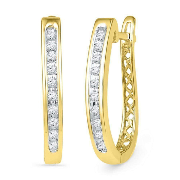 10kt Yellow Gold Women's Round Diamond Slender Single Row Oblong Hoop Earrings 1-5 Cttw - FREE Shipping (USA/CAN)-Gold & Diamond Earrings-JadeMoghul Inc.