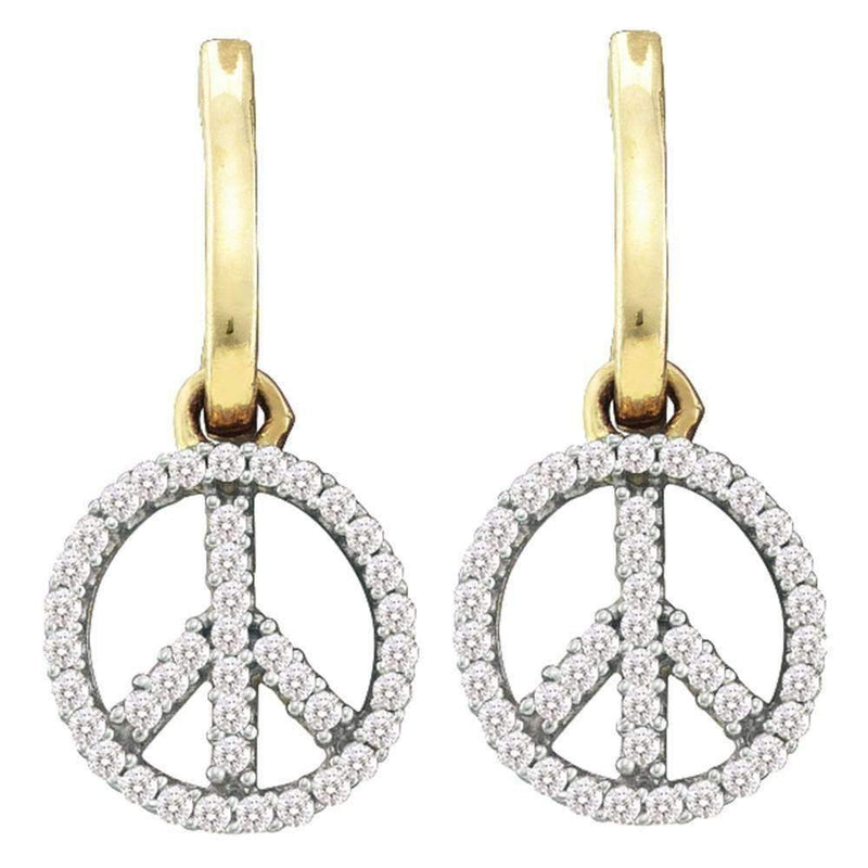 10kt Yellow Gold Women's Round Diamond Small Peace Sign Dangle Earrings 1-4 Cttw - FREE Shipping (US/CAN)-Gold & Diamond Earrings-JadeMoghul Inc.