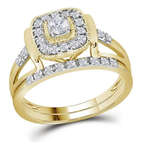 10kt Yellow Gold Womens Round Diamond Square Bridal Wedding Engagement Ring Band Set 1/3 Cttw-Gold & Diamond Wedding Ring Sets-5-JadeMoghul Inc.
