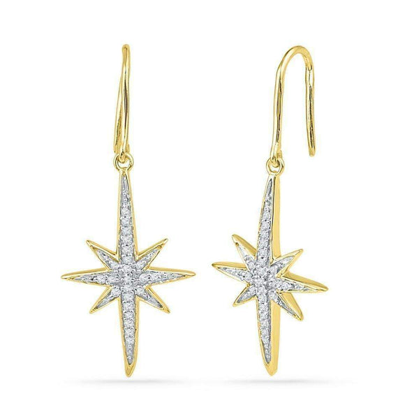 10kt Yellow Gold Women's Round Diamond Starburst Dangle Earrings 1-6 Cttw - FREE Shipping (USA/CAN)-Gold & Diamond Earrings-JadeMoghul Inc.