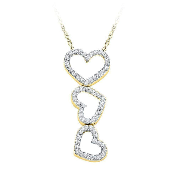 10kt Yellow Gold Women's Round Diamond Triple Cascading Heart Outline Pendant 1-5 Cttw - FREE Shipping (US/CAN)-Gold & Diamond Pendants & Necklaces-JadeMoghul Inc.