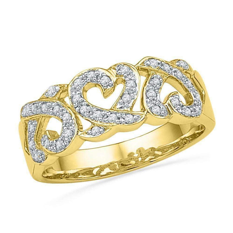 10kt Yellow Gold Women's Round Diamond Triple Heart Band Ring 1/5 Cttw - FREE Shipping (US/CAN)-Gold & Diamond Heart Rings-5-JadeMoghul Inc.