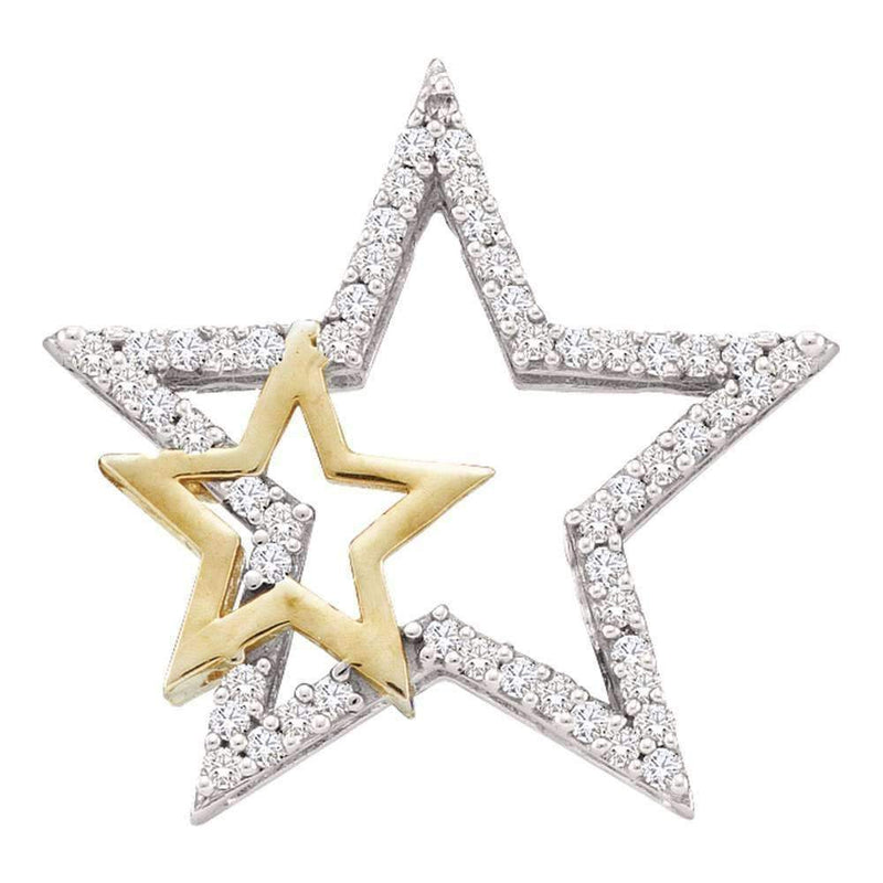 10kt Yellow Gold Women's Round Diamond Two-tone Double Star Outline Pendant 1-6 Cttw - FREE Shipping (US/CAN)-Gold & Diamond Pendants & Necklaces-JadeMoghul Inc.