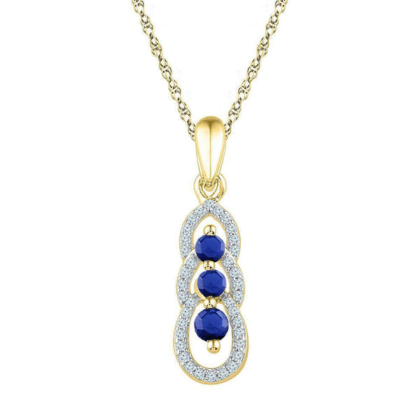 10kt Yellow Gold Womens Round Lab-Created Blue Sapphire 3-stone Pendant 1-2 Cttw-Gold & Diamond Pendants & Necklaces-JadeMoghul Inc.