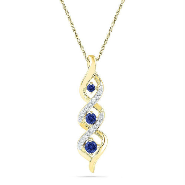 10kt Yellow Gold Womens Round Lab-Created Blue Sapphire Cascading 3-stone Pendant 1-3 Cttw-Gold & Diamond Pendants & Necklaces-JadeMoghul Inc.