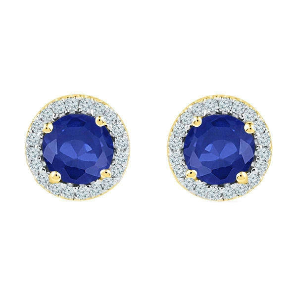 10kt Yellow Gold Women's Round Lab-Created Blue Sapphire Diamond Stud Earrings 1-1-2 Cttw - FREE Shipping (US/CAN)-Gold & Diamond Earrings-JadeMoghul Inc.