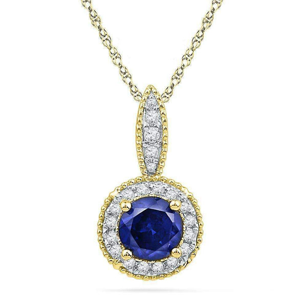 10kt Yellow Gold Women's Round Lab-Created Blue Sapphire Solitaire Diamond Frame Pendant 1-6 Cttw - FREE Shipping (US/CAN)-Gold & Diamond Pendants & Necklaces-JadeMoghul Inc.