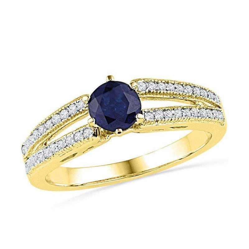 10kt Yellow Gold Women's Round Lab-Created Blue Sapphire Solitaire Split-shank Ring 1-5 Cttw - FREE Shipping (US/CAN)-Gold & Diamond Fashion Rings-JadeMoghul Inc.