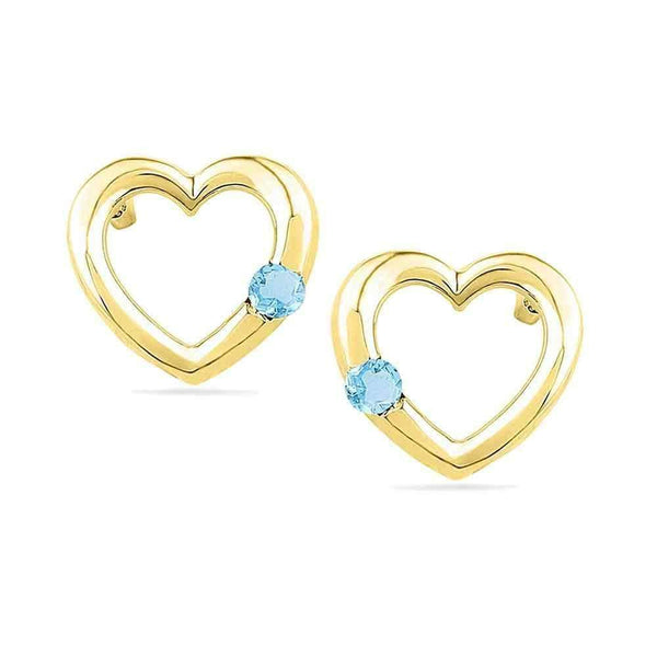 10kt Yellow Gold Women's Round Lab-Created Blue Topaz Heart Love Earrings 1-8 Cttw - FREE Shipping (USA/CAN)-Gold & Diamond Earrings-JadeMoghul Inc.