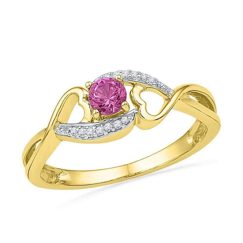 10kt Yellow Gold Women's Round Lab-Created Pink Sapphire Diamond Heart Ring 1/20 Cttw - FREE Shipping (US/CAN)-Gold & Diamond Fashion Rings-5-JadeMoghul Inc.