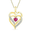 10kt Yellow Gold Women's Round Lab-Created Pink Sapphire Double Heart Pendant .01 Cttw - FREE Shipping (US/CAN)-Gold & Diamond Pendants & Necklaces-JadeMoghul Inc.