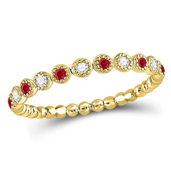 10kt Yellow Gold Women's Ruby Diamond Beaded Dot Stackable Band Ring 1/6 Cttw-Gold & Diamond Rings-JadeMoghul Inc.