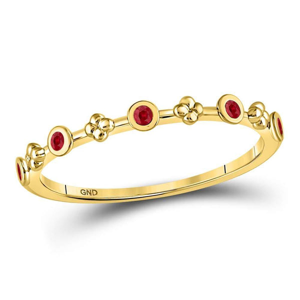 10kt Yellow Gold Women's Ruby Dot Flower Stackable Band Ring 1/12 Cttw-Gold & Diamond Rings-JadeMoghul Inc.