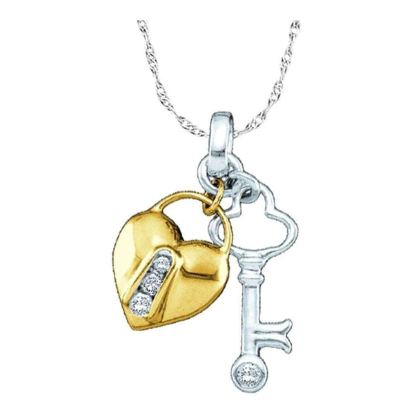 10kt Yellow Two-tone Gold Women's Round Diamond Heart Lock Key Pendant 1-20 Cttw - FREE Shipping (US/CAN)-Gold & Diamond Pendants & Necklaces-JadeMoghul Inc.