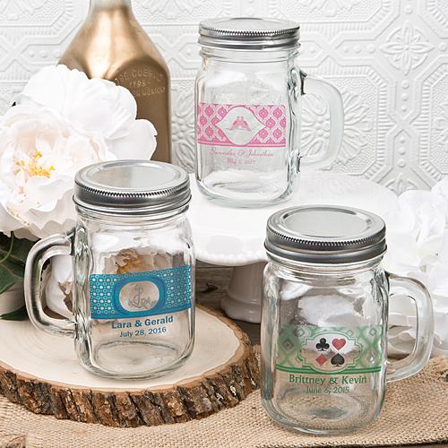 12 ounce personalized Glass mason jar with handle and silver metal screw top-Favor Boxes Bags & Containers-JadeMoghul Inc.
