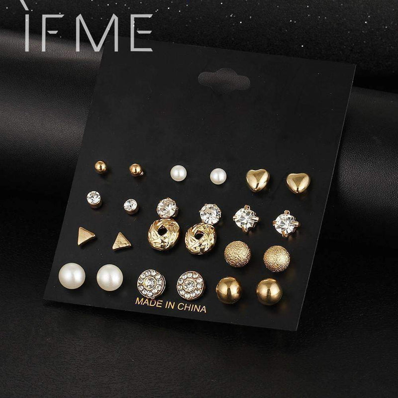 12 Pcs/Set Crystal Alloy Round Ball Gold Color Stud Earrings Vintage Silver Color Simulated Pearl Earring Set For Women Brincos-EJDY18425-JadeMoghul Inc.