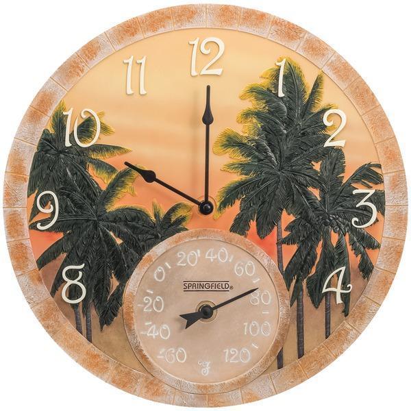 14" Poly Resin Clock with Thermometer (Coconut Bay)-Weather Stations, Thermometers & Accessories-JadeMoghul Inc.