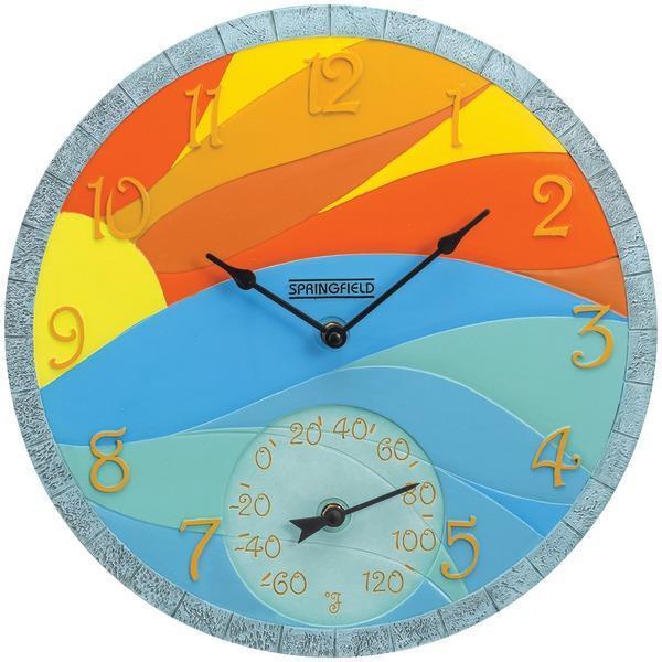 14" Poly Resin Clock with Thermometer (Sunrise)-Weather Stations, Thermometers & Accessories-JadeMoghul Inc.
