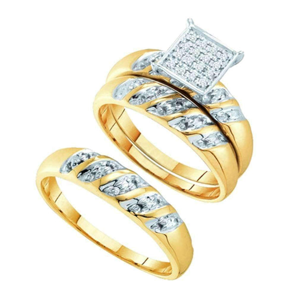 14k Two-tone Gold His & Hers Round Diamond Cluster Matching Bridal Wedding Ring Band Set 1/12 Cttw - FREE Shipping (US/CAN)-Gold & Diamond Trio Sets-5-JadeMoghul Inc.