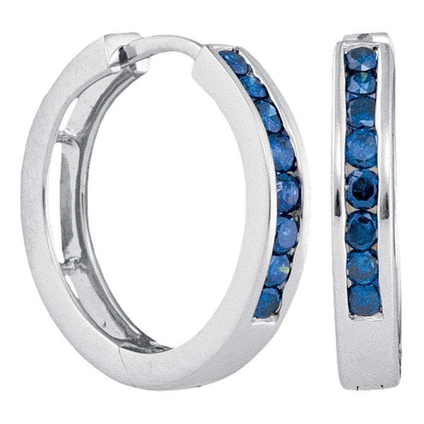 14k White Gold Women's Blue Color Enhanced Round Channel-Set Diamond Hoop Earrings 1-2 Cttw - FREE Shipping (USA/CAN)-Gold & Diamond Earrings-JadeMoghul Inc.